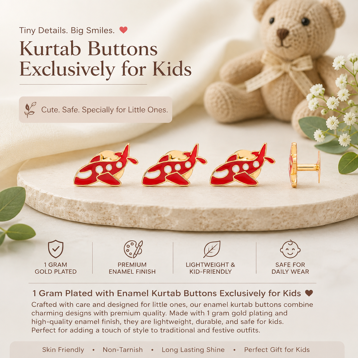 1 gram gold plated red enamel airplane kurta buttons for kids”